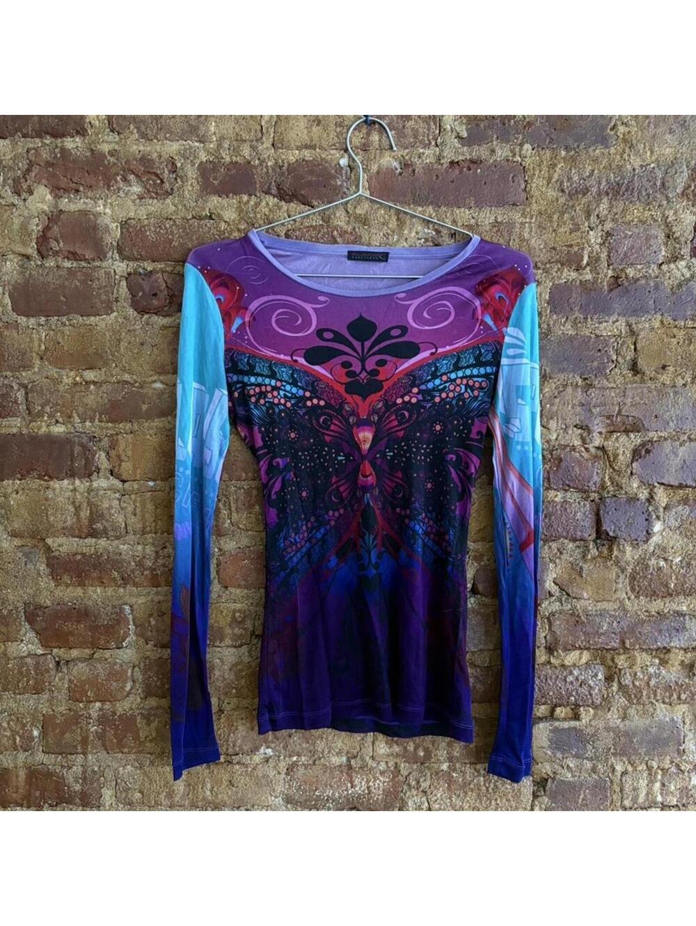 Vintage Custo Barcelona Butterfly Graphic Long-Sleeve Top